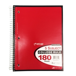 Top Flight 5 Subject College Ruled Notebook 180 Sheets