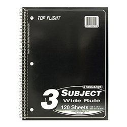 Top Flight 3 Subject College Ruled Notebook 120 Sheets