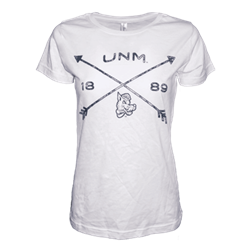 Women's Ouray Sportswear T-Shirt UNM X-ing Arrows 1889 Old School Lobo White