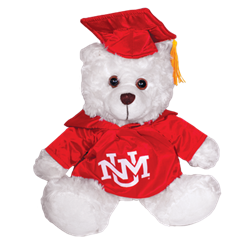 Plush Graduation Teddy Bear Red Cap & Gown UNM Interlocking Cream